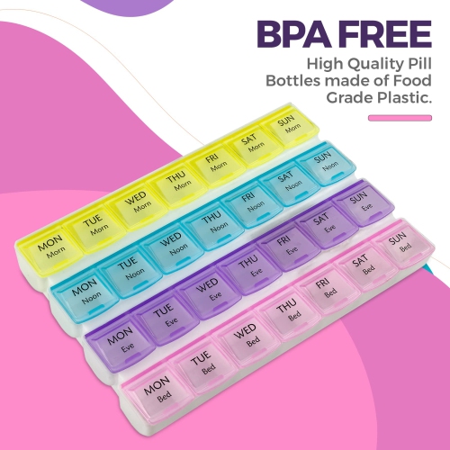 Weekly Pill Organizer - 4-Times-a-Day Pill Planner Pill Box Separates Pills & Vitamins with Daily Morning, Noon, Evening & Night Compartments, Travel