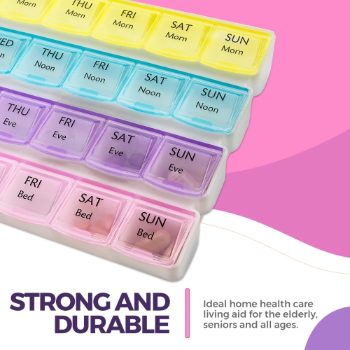 Weekly Pill Organizer - 4-Times-a-Day Pill Planner Pill Box Separates Pills & Vitamins with Daily Morning, Noon, Evening & Night Compartments, Travel