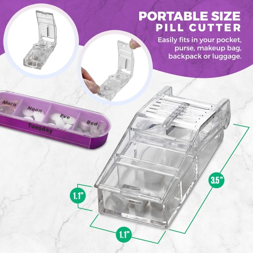 Weekly Pill Organizer with Pill Cutter - V-Grip Pill Splitter Stackable Pill Medicine, Vitamin Organizer with 4 Times-a-Day Daily Compartments, Pill