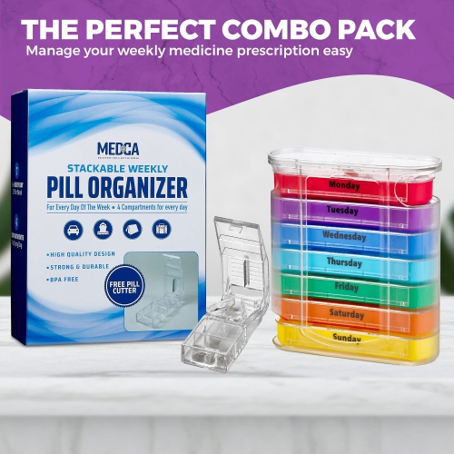 Weekly Pill Organizer with Pill Cutter - V-Grip Pill Splitter Stackable Pill Medicine, Vitamin Organizer with 4 Times-a-Day Daily Compartments, Pill