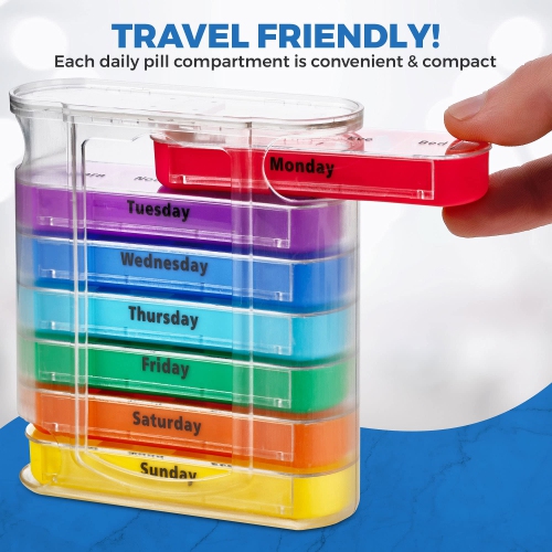 Weekly Pill Organizer with Pill Cutter - V-Grip Pill Splitter Stackable Pill Medicine, Vitamin Organizer with 4 Times-a-Day Daily Compartments, Pill