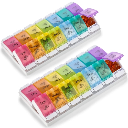 7 Day Pill Organizers - Easy Push Button Assisted Open, AM PM Daily Travel Pill Box Case Planner and Large Compartments for Medication BPA Free