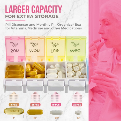 7 Day Pill Organizers - Easy Push Button Assisted Open, AM PM Daily Travel Pill Box Case Planner and Large Compartments for Medication BPA Free