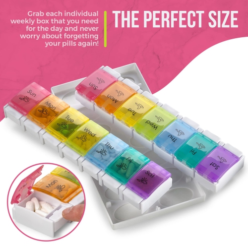 7 Day Pill Organizers - Easy Push Button Assisted Open, AM PM Daily Travel Pill Box Case Planner and Large Compartments for Medication BPA Free