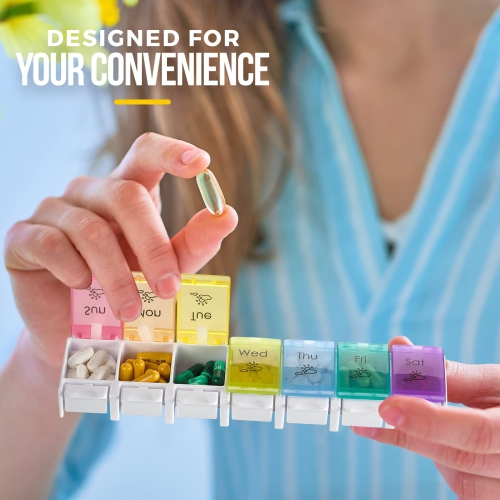 7 Day Pill Organizers - Easy Push Button Assisted Open, AM PM Daily Travel Pill Box Case Planner and Large Compartments for Medication BPA Free