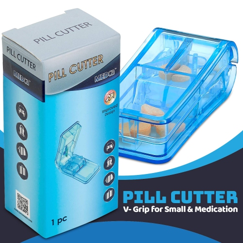 Pill Cutter - V- Grip Pill Crusher and Cutter for Vitamins, Big & Small Pills, and Medication - Transparent Pill Splitter with Pill Holder Case to