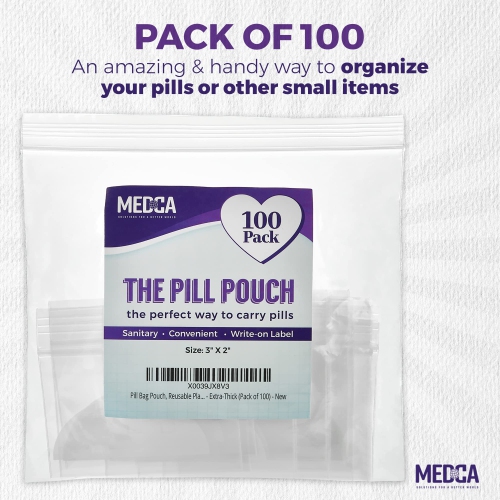 Extra-Thick Pill Pouch Bags - 3" x 2" 8 Mil - BPA Free, Poly Bag Disposable Zipper Pills Baggies, Daily AM PM Travel Medicine Organizer Storage