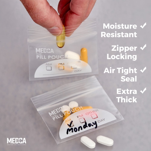 Extra-Thick Pill Pouch Bags - 3" x 2" 8 Mil - BPA Free, Poly Bag Disposable Zipper Pills Baggies, Daily AM PM Travel Medicine Organizer Storage
