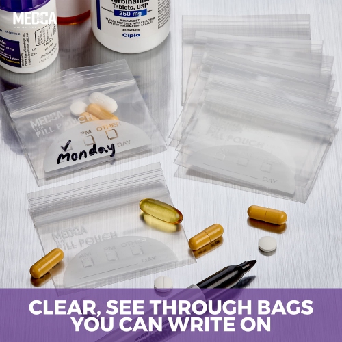Extra-Thick Pill Pouch Bags - 3" x 2" 8 Mil - BPA Free, Poly Bag Disposable Zipper Pills Baggies, Daily AM PM Travel Medicine Organizer Storage