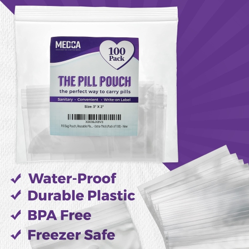 Extra-Thick Pill Pouch Bags - 3" x 2" 8 Mil - BPA Free, Poly Bag Disposable Zipper Pills Baggies, Daily AM PM Travel Medicine Organizer Storage