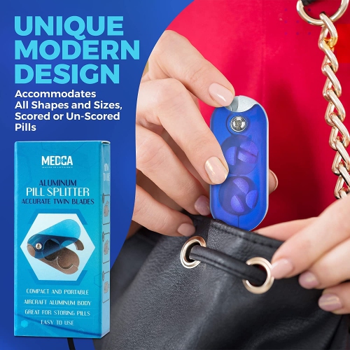 Aluminum Pill Cutter and Splitter with Safety Shield – Portable and Compact Tablet Slicer | Ideal for Oblong and Oval Pills | Non-Slip Pill Splitter