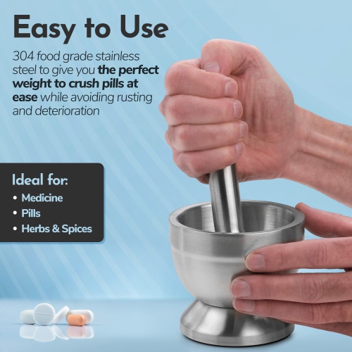 Pill Crusher - 304 Food Grade Stainless Steel Mortar and Pestle Medicine Grinder Set - Non-Slip Splitter to Easily Crush Medicine Pills Tablets