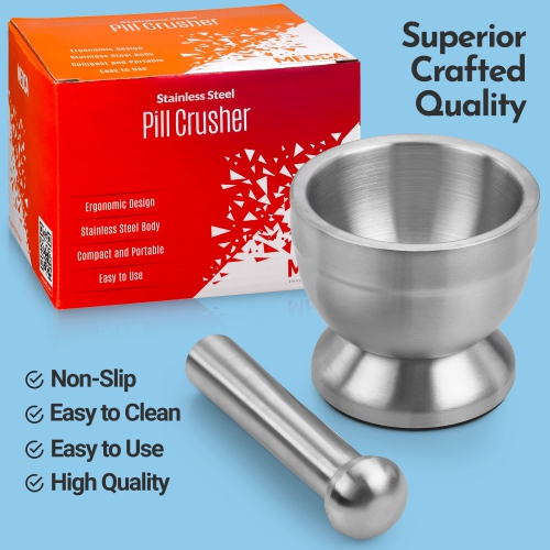 Pill Crusher - 304 Food Grade Stainless Steel Mortar and Pestle Medicine Grinder Set - Non-Slip Splitter to Easily Crush Medicine Pills Tablets