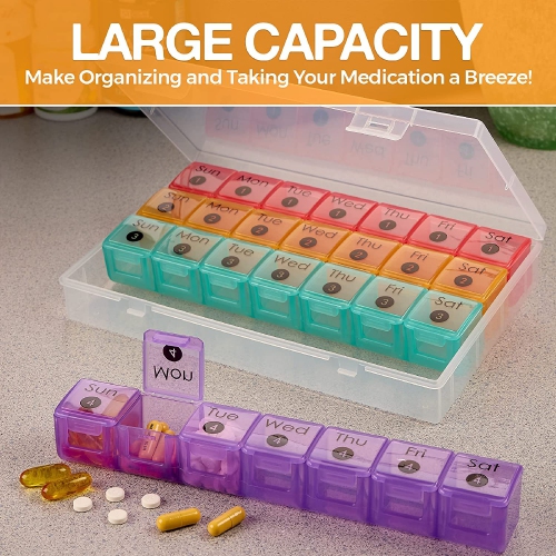 Pilulier mensuel très grand - 7 distributeur de pilules une fois par jour couleur avec 4 contenants hebdomadaires pour 28 jours - Médecine sans BPA