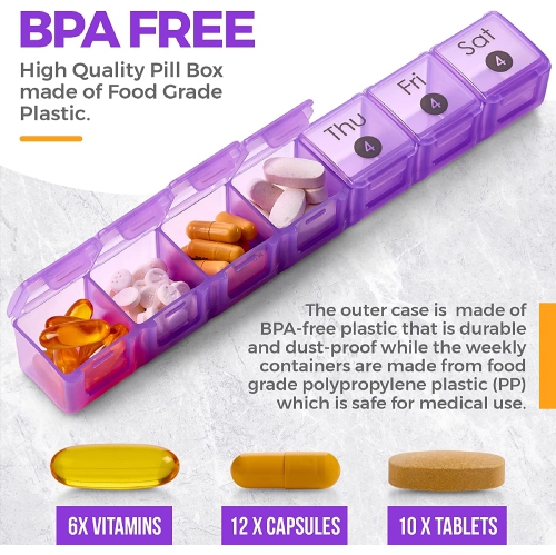 Pilulier mensuel très grand - 7 distributeur de pilules une fois par jour couleur avec 4 contenants hebdomadaires pour 28 jours - Médecine sans BPA