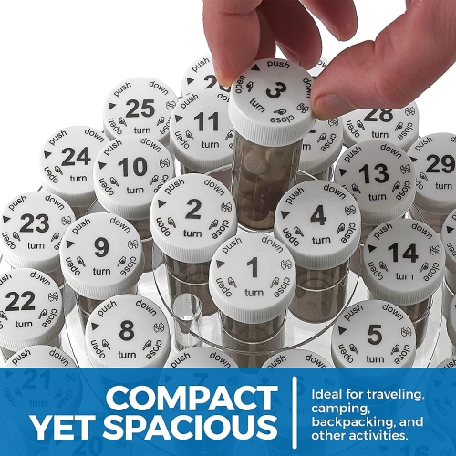 Monthly Pill Bottle Organizer Caddy - - 31 Numbered Full-Size Pill Bottles w Clear Rack and Child-Proof Lids for Each Day of The Month- Daily Dose of
