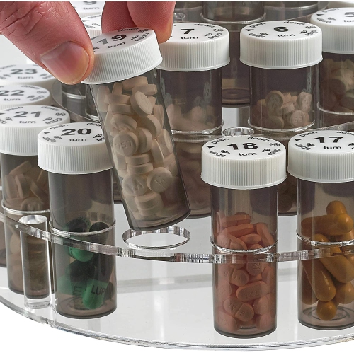 Monthly Pill Bottle Organizer Caddy - - 31 Numbered Full-Size Pill Bottles w Clear Rack and Child-Proof Lids for Each Day of The Month- Daily Dose of