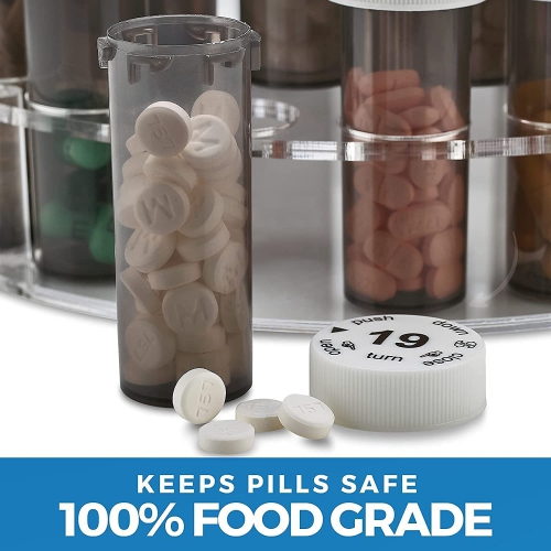 Monthly Pill Bottle Organizer Caddy - - 31 Numbered Full-Size Pill Bottles w Clear Rack and Child-Proof Lids for Each Day of The Month- Daily Dose of
