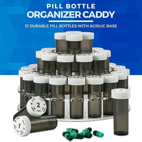 Monthly Pill Bottle Organizer Caddy - - 31 Numbered Full-Size Pill Bottles w Clear Rack and Child-Proof Lids for Each Day of The Month- Daily Dose of