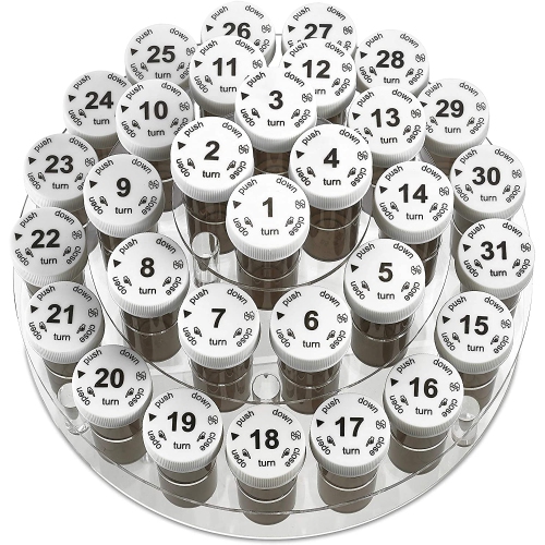 Monthly Pill Bottle Organizer Caddy - - 31 Numbered Full-Size Pill Bottles w Clear Rack and Child-Proof Lids for Each Day of The Month- Daily Dose of