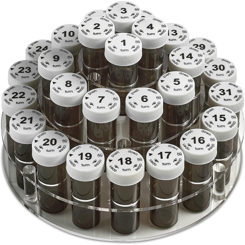 Monthly Pill Bottle Organizer Caddy - - 31 Numbered Full-Size Pill Bottles w Clear Rack and Child-Proof Lids for Each Day of The Month- Daily Dose of
