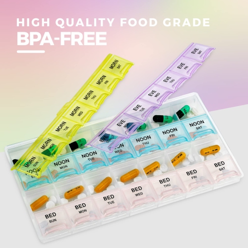 Pilulier - Grand pilulier avec compartiments hebdomadaires et quotidiens 4 fois Par jour pour le matin, le midi, le soir, la nuit - sans BPA,