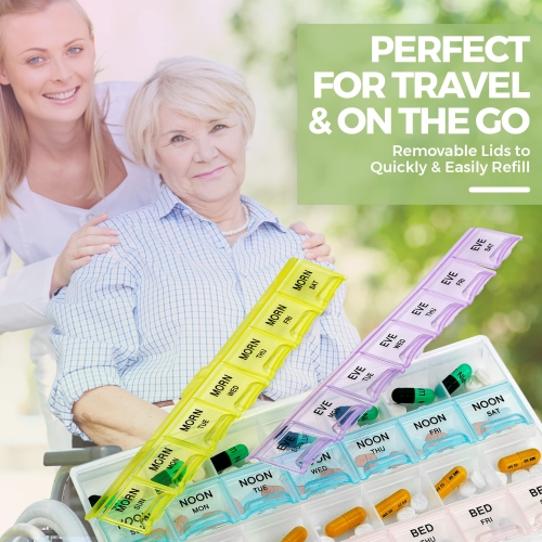 Pilulier - Grand pilulier avec compartiments hebdomadaires et quotidiens 4 fois Par jour pour le matin, le midi, le soir, la nuit - sans BPA,