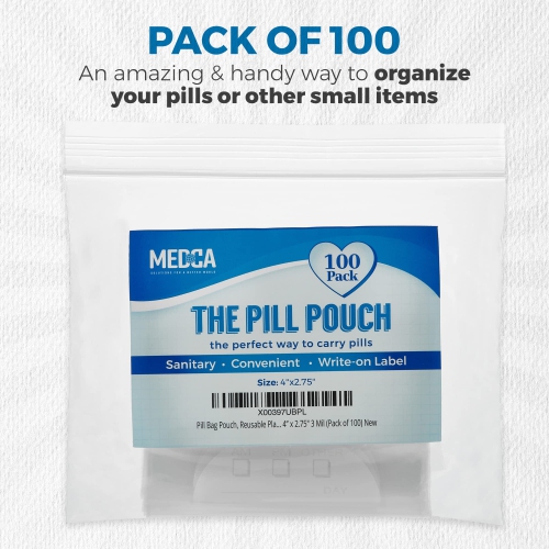 Pill Pouch Bags - 4'' x 2.75" - 3 Mil BPA-Free, Poly Bag Disposable Zipper Pills Baggies, Daily AM PM Travel Medicine Organizer Storage Pouches