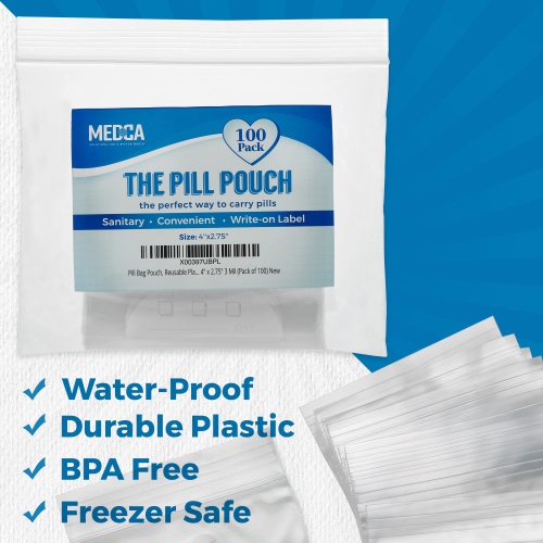 Pill Pouch Bags - 4'' x 2.75" - 3 Mil BPA-Free, Poly Bag Disposable Zipper Pills Baggies, Daily AM PM Travel Medicine Organizer Storage Pouches