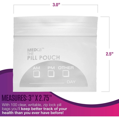 Pill Pouch Bags - 3" x 2.75" - BPA Free, Poly Bag Disposable Zipper Pills Baggies, Daily AM PM Travel Medicine Organizer Storage Pouches, Best Clear