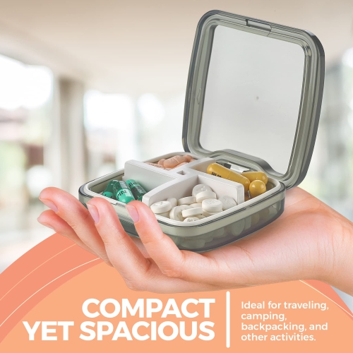 Compact Pill Box Organizers - Pack of 2-Portable Waterproof Medicine Organizer Daily Pill Containers w/ 4 Compartments and Divider, Durable ABS,