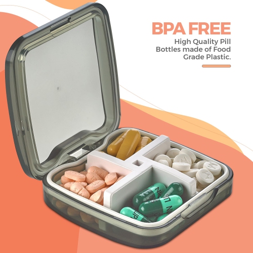 Compact Pill Box Organizers - Pack of 2-Portable Waterproof Medicine Organizer Daily Pill Containers w/ 4 Compartments and Divider, Durable ABS,