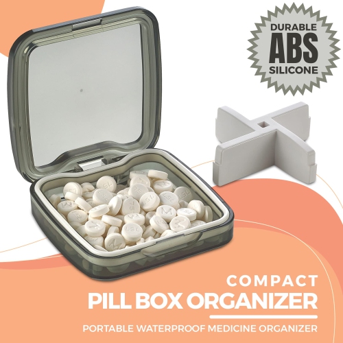 Compact Pill Box Organizers - Pack of 2-Portable Waterproof Medicine Organizer Daily Pill Containers w/ 4 Compartments and Divider, Durable ABS,