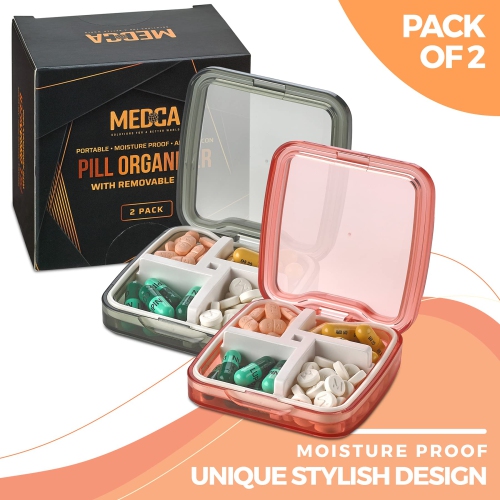 Compact Pill Box Organizers - Pack of 2-Portable Waterproof Medicine Organizer Daily Pill Containers w/ 4 Compartments and Divider, Durable ABS,