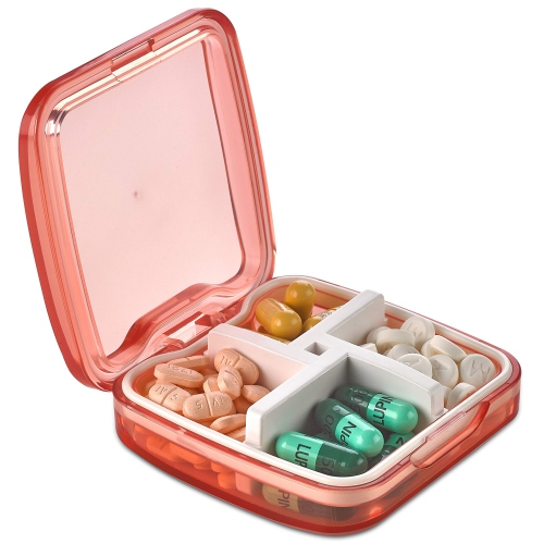 Compact Pill Box Organizers - Pack of 2-Portable Waterproof Medicine Organizer Daily Pill Containers w/ 4 Compartments and Divider, Durable ABS,