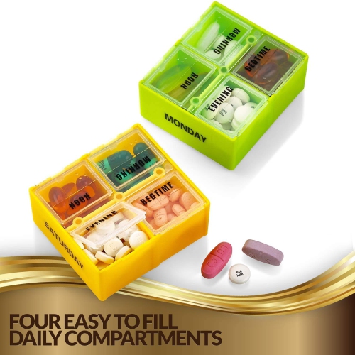 2 Pack, Large Weekly Pill Organizer Boxes in Gold Leather Case - 7 Day Week Pill Planner Organizers & Medication Reminder with 4 Times a Day - Daily