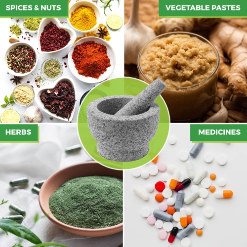 Granite Mortar and Pestle Pill Crusher Set - Easy Grip Non-Slip Stone Muddler & Deep Bowl with Silicone Lid - Grinder for Pills, Tablets, Vitamins or