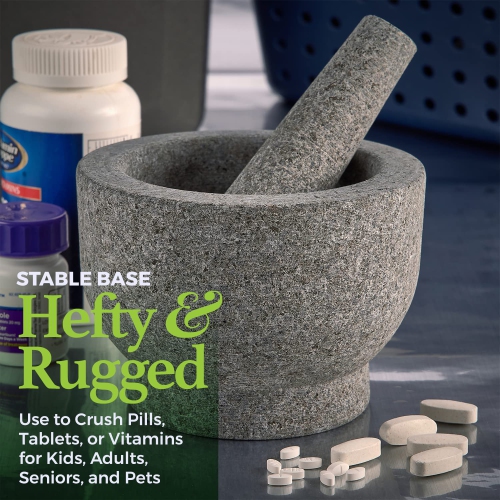 Granite Mortar and Pestle Pill Crusher Set - Easy Grip Non-Slip Stone Muddler & Deep Bowl with Silicone Lid - Grinder for Pills, Tablets, Vitamins or