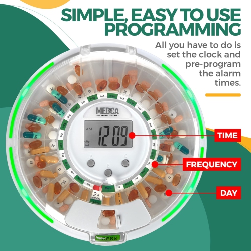 Automatic Pill Dispenser with 28-Day Electronic Medication Organizer - Lockable Key Pill Container with LCD Display, Light and Sound Reminder Alarm