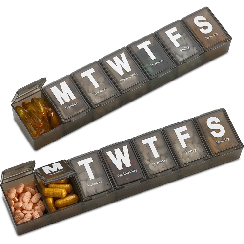 Weekly Pill Organizer - Extra Large Vitamin Container with Jumbo Easy to Read Letters, BPA Free - Daily Travel 7 Day Medication Pill Box Case, (Black)