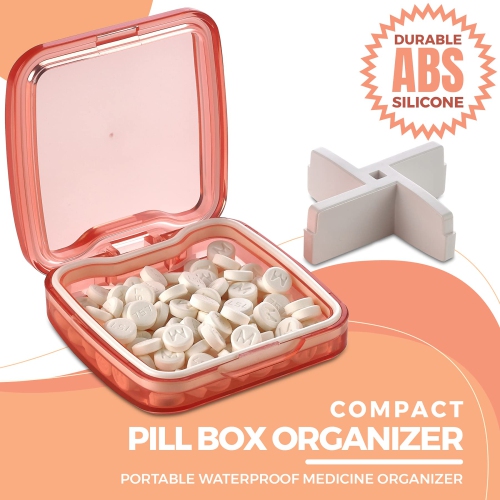Compact Pill Box Organizer - Portable Waterproof Medicine Organizer and Daily Pill Container with Removable 4 Compartment Divider - Pills Case Fits