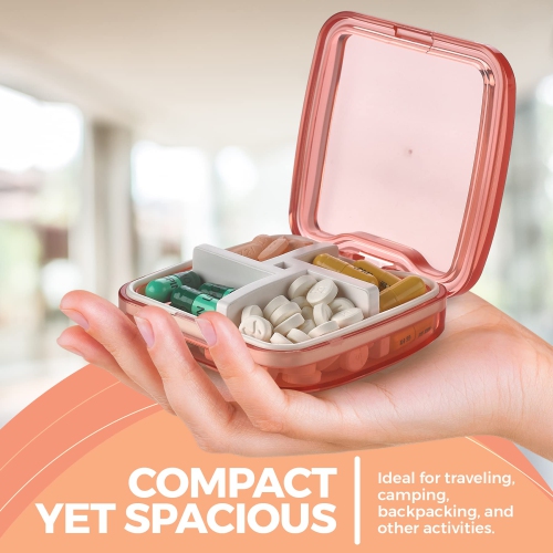 Compact Pill Box Organizer - Portable Waterproof Medicine Organizer and Daily Pill Container with Removable 4 Compartment Divider - Pills Case Fits