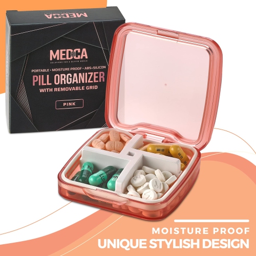 Compact Pill Box Organizer - Portable Waterproof Medicine Organizer and Daily Pill Container with Removable 4 Compartment Divider - Pills Case Fits