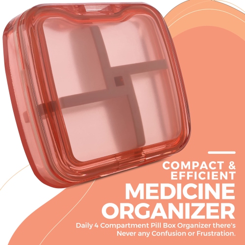 Compact Pill Box Organizer - Portable Waterproof Medicine Organizer and Daily Pill Container with Removable 4 Compartment Divider - Pills Case Fits