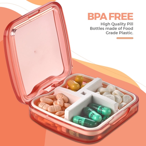 Compact Pill Box Organizer - Portable Waterproof Medicine Organizer and Daily Pill Container with Removable 4 Compartment Divider - Pills Case Fits