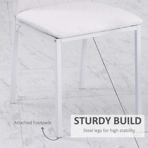 HOMCOM Modern Dining Chairs Set of 4, Upholstered Faux Leather Kitchen Chairs with Rhombic Tufting and Metal Legs for Living Room, White