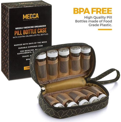 Pill Case and Pills Bottle Organizers - Weekly and Daily Medicine Container Carrier Tote Bag for Weekly Pill Bottles with 6 Extra Daily Bottles