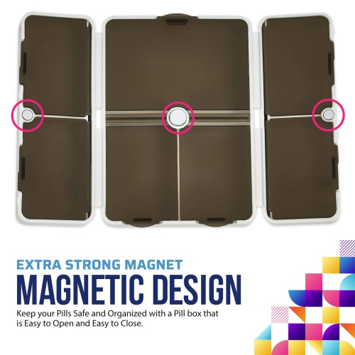Magnetic Foldable Pill Box Case - 7 Day Weekly Medicine Organizer - Portable Compact Lightweight Pill Container w/ 7 Compartments, Dustproof