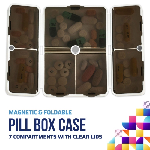 Magnetic Foldable Pill Box Case - 7 Day Weekly Medicine Organizer - Portable Compact Lightweight Pill Container w/ 7 Compartments, Dustproof