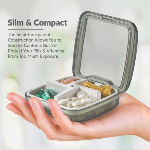 Compact Pill Box Organizer - Portable Waterproof Medicine Organizer and Daily Pill Container with Removable 4 Compartment Divider - Dark Grey